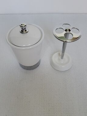 York White Ceramic/Chrome Lidded Canister and Toothbrush Holder Set
